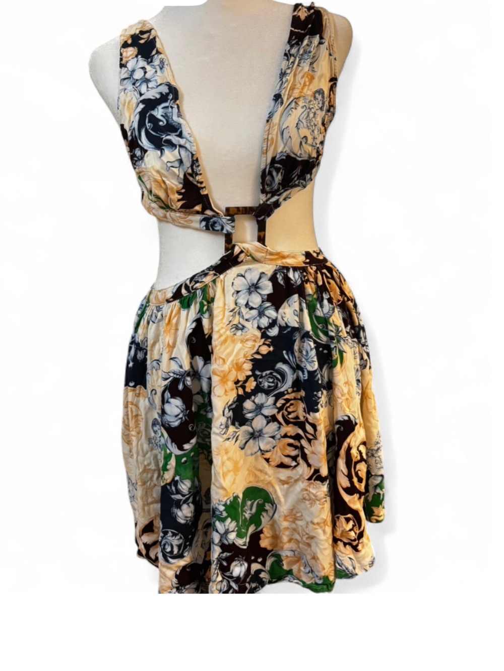 Agua Bendita Black, Cream & Green Floral Cutout Mini Dress